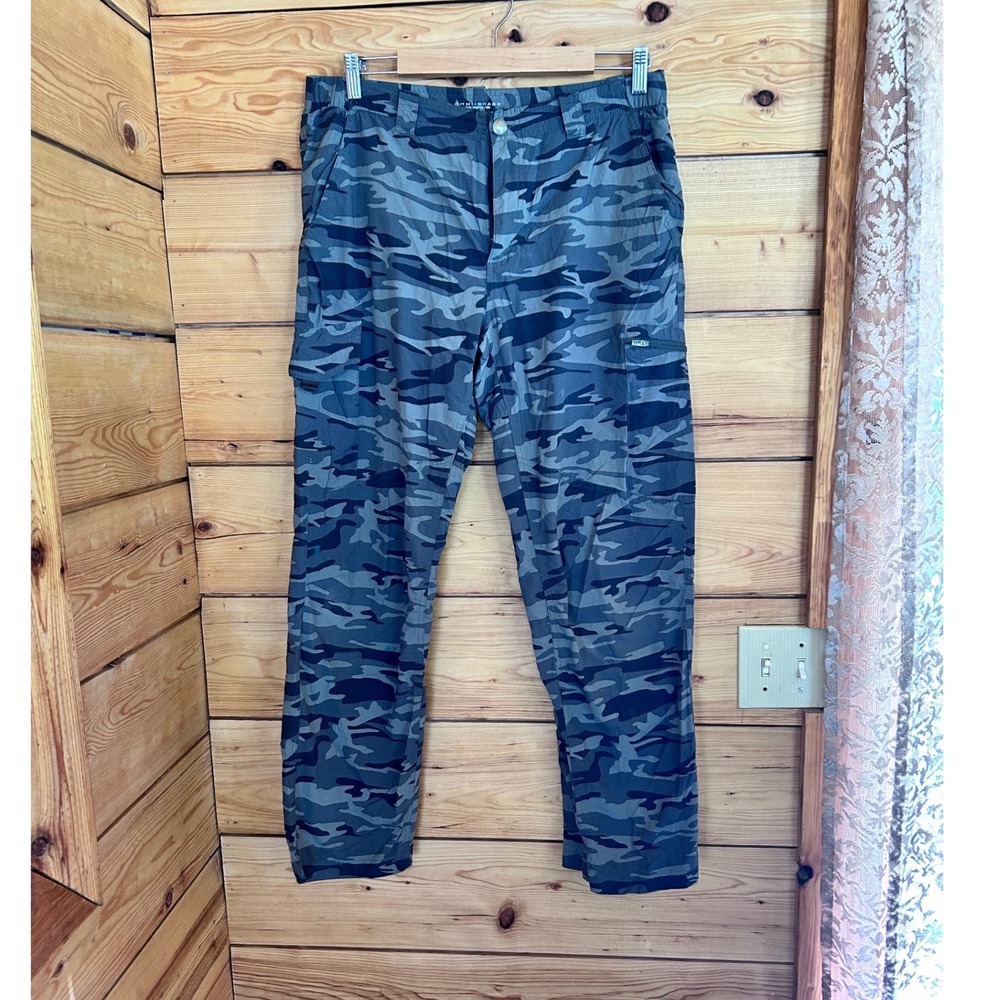 Camo Cargo Pants Mens 34W 30L Blue Grey Omni-Shade Hiking Utility Columbia UPF50